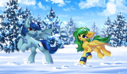 Size: 7472x4320 | Tagged: safe, artist:airiniblock, derpibooru import, oc, oc only, oc:downpour, oc:lunar dusk, bat pony, pegasus, bat pony oc, funny, pegasus oc, playing, rcf community, snow, snowball, snowball fight, tree, winter