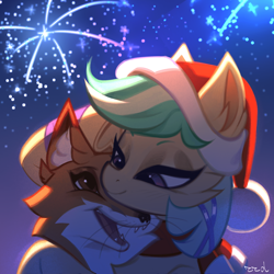 Size: 1920x1920 | Tagged: safe, artist:rrd-artist, derpibooru import, oc, oc only, oc:summer ray, fox, pegasus, pony, christmas, fireworks, hat, holiday, hug, santa hat, solo