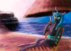 Size: 2480x1772 | Tagged: safe, artist:xelksor, derpibooru import, queen chrysalis, changeling, changeling queen, alcohol, beach, cocktail, drink, female, looking at you, lying, magnetic hooves, newbie artist training grounds, ocean, smiling, solo, umbrella, water