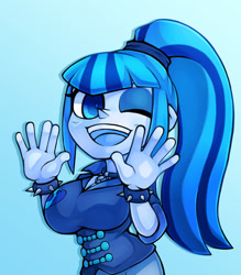 Size: 1041x1190 | Tagged: safe, artist:kyouman1010, derpibooru import, sonata dusk, equestria girls, bust, clothes, female, gradient background, looking at you, one eye closed, open mouth, open smile, smiling, solo, wink, winking at you