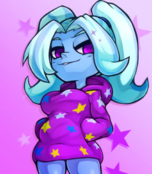 Size: 1041x1190 | Tagged: safe, artist:kyouman1010, derpibooru import, trixie, equestria girls, alternate hairstyle, babysitter trixie, bust, clothes, female, gradient background, hand in pocket, hoodie, looking at you, looking down, looking down at you, solo, sparkles, starry background, stars