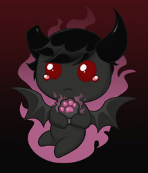Size: 1280x1494 | Tagged: safe, artist:confetticakez, derpibooru import, demon, demon pony, pony, azazel, baby eyes, barely pony related, bat wings, beady eyes, binding of isaac, chibi, crossover, cute, demon horns, fire, gradient background, guppy's paw, horns, male, no pupils, ponified, sad, solo, spread wings, video game crossover, wavy mouth, wings