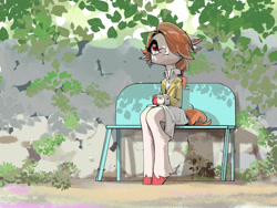 Size: 2362x1772 | Tagged: safe, artist:castle bravo, derpibooru import, oc, oc only, oc:dayend cloudgradual, anthro, bench, clothes, ears, floppy ears, four ears, hair over one eye, high res, hock fluff, leaves, leg fluff, looking up, oc name needed, red eyes, solo, unshorn fetlocks, wall