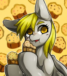 Size: 1157x1323 | Tagged: safe, artist:kyouman1010, derpibooru import, derpy hooves, pegasus, pony, bust, eating, female, food, mare, muffin, muffin background, solo