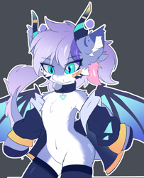 Size: 2722x3350 | Tagged: safe, derpibooru import, oc, bat pony, pony, semi-anthro, belly button, bipedal, chest fluff, clothes, ear fluff, ears, female, jacket, jewelry, leg warmers, mare, necklace, socks, solo, stockings, thigh highs