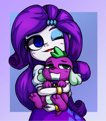 Size: 1042x1191 | Tagged: safe, artist:kyouman1010, derpibooru import, rarity, spike, dog, equestria girls, bust, clothes, duo, female, gradient background, holding a dog, looking at you, male, one eye closed, partial background, smug, spike the dog, wink, winking at you