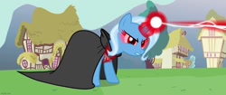 Size: 1280x537 | Tagged: safe, derpibooru import, screencap, trixie, pony, unicorn, magic duel, alicorn amulet, beam, cape, clothes, evil trixie, female, mare, solo