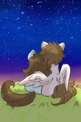 Size: 1200x1800 | Tagged: safe, artist:tokyone-chan, derpibooru import, oc, oc only, earth pony, pegasus, pony, unicorn, duo, female, grass, horn, hug, male, night, oc x oc, pegasus oc, shipping, stargazing, unicorn oc, winghug, wings