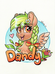 Size: 1626x2192 | Tagged: safe, artist:dandy, derpibooru import, oc, oc only, oc:sylvia evergreen, pegasus, pony, :3, badge, bouquet, bow, braided pigtails, bust, chest fluff, ear fluff, ears, female, flower, flower in hair, freckles, hair bow, hair tie, heart, heart eyes, looking at you, mare, open mouth, open smile, pegasus oc, portrait, smiling, smiling at you, solo, text, traditional art, wingding eyes, wings
