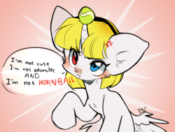 Size: 1920x1451 | Tagged: safe, artist:pledus, derpibooru import, oc, oc only, alicorn, pony, alicorn oc, ball, blushing, commission, cross-popping veins, female, heterochromia, horn, hornball, i'm not cute, scrunchy face, solo, tennis ball, wings, ych result