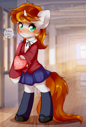 Size: 1920x2810 | Tagged: oc name needed, safe, artist:pledus, derpibooru import, oc, oc only, oc:faerie ember, pony, semi-anthro, unicorn, bipedal, blushing, clothes, commission, cute, female, hoof hold, horn, indoors, looking at you, mare, ocbetes, school unicorn, school uniforn, schoolgirl, shoes, skirt, socks, solo, speech bubble, unicorn oc, ych result