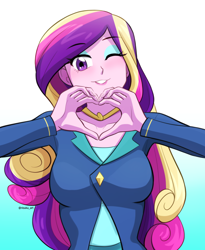 Size: 982x1200 | Tagged: safe, artist:riouku, derpibooru import, dean cadance, princess cadance, equestria girls, breasts, clothes, cute, cutedance, eyeshadow, female, heart, makeup, one eye closed, princess cansdance, shirt, solo, suit, wink