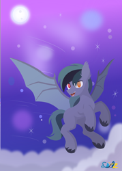 Size: 2576x3593 | Tagged: safe, artist:samsailz, derpibooru import, oc, bat pony, pony, bat pony oc, cloud, fangs, flying, heterochromia, moon, night, smiling, solo, spread wings, wings