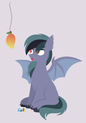 Size: 2727x3885 | Tagged: safe, artist:samsailz, derpibooru import, oc, oc only, bat pony, pony, :o, bait, bat pony oc, bat wings, ear fluff, ears, food, full body, gray background, heterochromia, high res, hooves, lineless, looking at something, mango, open mouth, reaction image, signature, simple background, sitting, solo, spread wings, string, tail, this is bait, unshorn fetlocks, wings