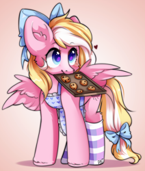 Size: 1920x2261 | Tagged: safe, artist:pledus, derpibooru import, oc, oc only, oc:bay breeze, pegasus, pony, apron, blushing, bow, clothes, cookie, cute, female, food, hair bow, looking up, mare, mouth hold, ocbetes, simple background, socks, solo, striped socks, tail, tail bow