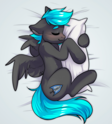 Size: 960x1063 | Tagged: safe, artist:pledus, derpibooru import, oc, oc only, pegasus, pony, blushing, eyes closed, hug, pegasus oc, pillow, pillow hug, sleeping, solo