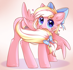 Size: 1920x1851 | Tagged: safe, artist:pledus, derpibooru import, oc, oc only, oc:bay breeze, pegasus, pony, biting, blushing, bow, commission, cute, female, hair bow, looking at you, mare, ocbetes, simple background, solo, tail, tail bite, tail bow, ych result