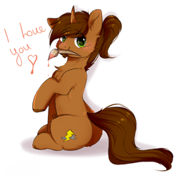 Size: 1920x1901 | Tagged: safe, artist:pledus, derpibooru import, oc, oc only, oc:coppercore, pony, unicorn, blushing, butt, chest fluff, commission, eye clipping through hair, hooves, horn, i love you, looking back, male, mouth hold, paintbrush, plot, raised hoof, raised leg, simple background, sitting, solo, tail, unicorn oc, white background, ych result