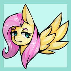 Size: 1543x1543 | Tagged: safe, artist:kyouman1010, derpibooru import, fluttershy, pegasus, pony, blue background, bust, female, mare, simple background, solo