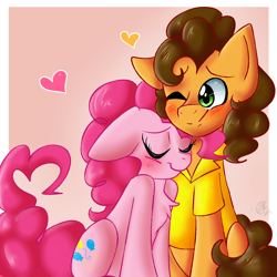 Size: 2000x2000 | Tagged: safe, artist:yoshiyoshi700, derpibooru import, cheese sandwich, pinkie pie, earth pony, pony, blushing, cheesepie, chest fluff, cute, diacheeses, diapinkes, eyes closed, februpony, female, heart, high res, male, mare, one eye closed, shipping, stallion, straight