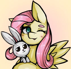 Size: 1592x1543 | Tagged: safe, artist:kyouman1010, derpibooru import, fluttershy, pegasus, pony, rabbit, animal, bust, duo, female, gradient background, looking at you, mare, one ear down, one eye closed, wink, winking at you