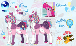 Size: 1280x779 | Tagged: safe, artist:malinraf1615, derpibooru import, cheese sandwich, pinkie pie, earth pony, pony, alternate hairstyle, cheesepie, chest fluff, coat markings, female, freckles, grin, heart, jewelry, lip bite, male, mare, redesign, reference sheet, ring, shipping, smiling, solo focus, stallion, straight, unshorn fetlocks, wedding ring