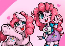 Size: 2026x1447 | Tagged: safe, artist:kyouman1010, derpibooru import, pinkie pie, earth pony, pony, equestria girls, clothes, cutie mark on clothes, duo, female, heart, looking at you, mare, one ear down, one eye closed, open mouth, open smile, pink background, self paradox, self ponidox, simple background, smiling, smiling at you, waving, waving at you, wink, winking at you