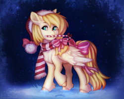 Size: 2000x1600 | Tagged: safe, artist:eltaile, derpibooru import, pegasus, pony, collaboration, bow, bowtie, candy, candy cane, christmas, clothes, commission, cute, equine, female, food, hat, holiday, mare, outdoors, santa hat, scarf, snow, solo, striped scarf, tail, tail bow, winter, your character here