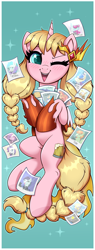Size: 1440x3780 | Tagged: safe, artist:confetticakez, derpibooru import, daybreaker, oc, oc only, oc:caramel malt, pony, unicorn, autograph, blushing, braided pigtails, cape, clothes, convention mascot, cosplay, costume, cute, female, looking at you, mare, mascot, one eye closed, open mouth, open smile, ponyville ciderfest, simple background, smiling, smiling at you, solo, sparkles, teal background, wink, winking at you