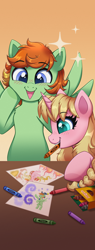 Size: 1440x3780 | Tagged: safe, artist:confetticakez, derpibooru import, oc, oc only, oc:barley tender, oc:caramel malt, pegasus, pony, unicorn, blushing, convention mascot, crayon, crayon drawing, crayons, drawing, duo, female, happy, male, mare, mascot, mouth hold, sparkles, spread wings, stallion, surprised, traditional art, wings