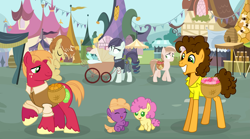 Size: 4135x2303 | Tagged: safe, artist:mcrespin88, derpibooru import, big macintosh, cheese sandwich, coloratura, feather bangs, li'l cheese, little mac, pony, the last problem, baby, baby pony, stroller