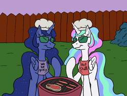 Size: 1000x753 | Tagged: safe, artist:happy harvey, derpibooru import, princess celestia, princess luna, alicorn, pony, apron, backyard, barbeque, bush, chef's hat, clothes, drawn on phone, eating, female, fence, food, grass, grill, hat, hot dog, mare, meat, ponies eating meat, ponified, rugrats, sausage, smiling, smug, steak, sunglasses, yard