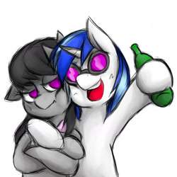 Size: 1654x1654 | Tagged: safe, artist:kyouman1010, derpibooru import, dj pon-3, octavia melody, vinyl scratch, earth pony, pony, unicorn, alcohol, bust, crossed hooves, drink, duo, female, glasses, mare, octavia is not amused, open mouth, open smile, simple background, smiling, unamused, vinyl's glasses, white background