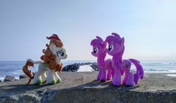 Size: 2048x1203 | Tagged: safe, derpibooru import, photographer:pakapaka1993, autumn blaze, berry punch, berryshine, earth pony, kirin, pony, irl, japan, ocean, photo, plushie, self paradox, self ponidox, trio, water