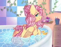 Size: 2048x1599 | Tagged: safe, artist:kadzumiisayu, derpibooru import, fluttershy, bird, duck, pegasus, pony, alternate hairstyle, aside glance, bath, bathing, bathroom, bathtub, chest fluff, cute, female, folded wings, hair bun, indoors, looking at you, mare, partially submerged, profile, raised hoof, raised leg, rear view, rubber duck, shyabetes, smiling, solo, water, wet, window, wings