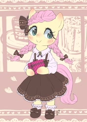 Size: 1448x2048 | Tagged: safe, artist:yanamosuda, derpibooru import, fluttershy, pegasus, pony, semi-anthro, alternate hairstyle, blouse, blushing, bow, braid, clothes, cute, dress, frilly, frilly dress, frilly socks, holiday, hoof hold, looking at you, present, shyabetes, smiling, socks, standing, valentine's day