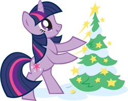 Size: 670x532 | Tagged: safe, derpibooru import, twilight sparkle, unicorn twilight, pony, unicorn, bipedal, christmas, christmas tree, facebook, female, holiday, hooves, horn, mare, official, simple background, smiling, solo, standing, stars, tail, tree, white background