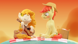 Size: 3840x2160 | Tagged: safe, artist:xppp1n, derpibooru import, bright mac, pear butter, earth pony, the perfect pear, 3d, bag, basket, blender, blender cycles, blushing, brightbutter, female, guitar, holding, looking down, male, mare, musical instrument, picnic, picnic basket, picnic blanket, saddle bag, scene interpretation, shipping, singing, stallion, straight, unshorn fetlocks