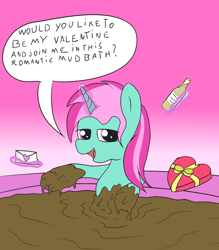 Size: 1400x1600 | Tagged: safe, artist:amateur-draw, derpibooru import, oc, oc:belle boue, pony, unicorn, female, hearts and hooves day, holiday, mare, mud, mud bath, muddy, solo, valentine's day, wet and messy
