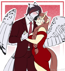 Size: 3000x3265 | Tagged: safe, artist:hasana-chan, oc, oc only, oc:céline actias, oc:pyry, anthro, pegasus, unguligrade anthro, unicorn, commission, couple, eyes closed, female, freckles, gift art, glasses, happy, hearts and hooves day, holiday, horn, kiss on the cheek, kissing, male, mare, oc x oc, pegasus oc, red dress, shipping, shoulderless, smiling, stallion, tail, tail feathers, unicorn oc, valentine's day, wholesome