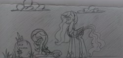 Size: 4261x2027 | Tagged: safe, artist:sultanroach, fluttershy, princess celestia, alicorn, pony, crying, grave, mourning, photo, sketch