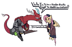Size: 4026x2615 | Tagged: safe, anonymous artist, derpibooru import, discord, fluttershy, draconequus, pegasus, pony, armor, cape, clothes, costume, dark souls, dark souls 3, dialogue, discord is not amused, dress, duo, female, frown, high res, looking at each other, looking at someone, mare, open mouth, simple background, spread wings, sword, talking, transparent background, unamused, weapon, wings
