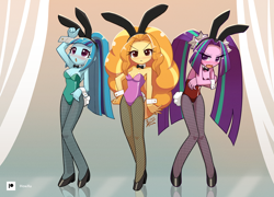 Size: 1392x1000 | Tagged: safe, artist:howxu, derpibooru import, adagio dazzle, aria blaze, sonata dusk, equestria girls, adagiazonga dazzle, bare shoulders, blushing, bowtie, breasts, bunny ears, bunny suit, cleavage, clothes, cuffs (clothes), embarrassed, female, fishnets, high heels, leotard, looking at you, open mouth, shoes, sleeveless, sonata bust, strapless, the dazzlings, trio, trio female