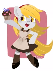 Size: 1536x2048 | Tagged: safe, artist:efuji_d, derpibooru import, derpy hooves, pegasus, pony, apron, bipedal, clothes, cute, derpabetes, dress, female, food, hoof on hip, mare, muffin, open mouth, open smile, shoes, smiling, socks, solo