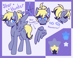 Size: 2500x2000 | Tagged: safe, artist:fuzzystarart, derpibooru import, oc, oc only, oc:star hunter, pegasus, pony, blue eyes, cutie mark, female, freckles, hairpin, mare, ponytail, reference sheet, smiling, text, wings