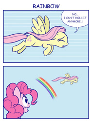 Size: 1024x1357 | Tagged: safe, artist:sazanamibd, derpibooru import, fluttershy, pinkie pie, earth pony, pegasus, pony, 2 panel comic, 2019, comic, duo, eyes closed, female, flying, implied urine, looking at something, mare, open mouth, rainbow, sparkles, speech bubble