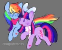 Size: 963x777 | Tagged: safe, artist:computershits, derpibooru import, rainbow dash, twilight sparkle, pegasus, pony, unicorn, accessory, alternate eye color, blushing, clothes, colored wings, female, flustered, flying, gradient wings, gray background, hoof heart, kerchief, lesbian, raised hoof, raised leg, scarf, shipping, simple background, striped scarf, talking, twidash, walking, watermark, wings