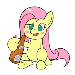 Size: 1000x1000 | Tagged: safe, artist:sazanamibd, derpibooru import, fluttershy, pegasus, pony, alcohol, blushing, bottle, confused, drink, drunk, drunkershy, female, looking at you, mare, open mouth, simple background, sitting, solo, white background