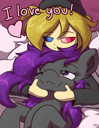 Size: 2550x3300 | Tagged: safe, artist:eisky, derpibooru import, oc, oc:eis, oc:fritzy, human, pegasus, pony, blushing, cheek squish, fangs, heart, holiday, human on pony snuggling, looking down, looking up, lying down, on back, pillow, shipping, simple background, smiling, snuggling, squishy cheeks, valentine's day