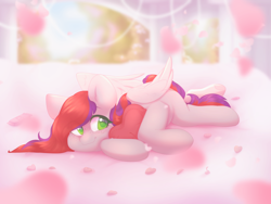 Size: 3200x2400 | Tagged: safe, artist:babiiclouds, derpibooru import, oc, oc only, oc:evening prose, pony, female, flower petals, freckles, jewelry, lying down, mare, necklace, pearl necklace